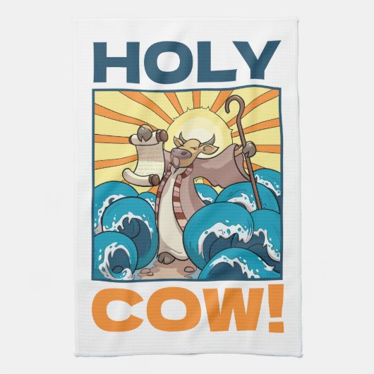 Funny Cow Holy Cow! Visual Pun Animal Cartoon キッチンタオル (縦)