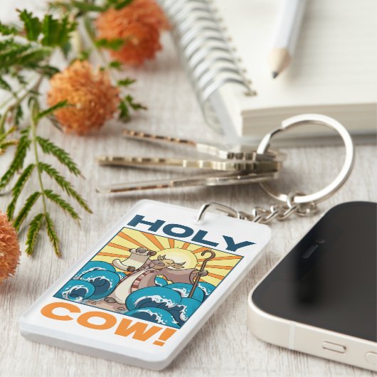 Funny Cow Holy Cow! Visual Pun Animal Cartoon キーホルダー (正面右)