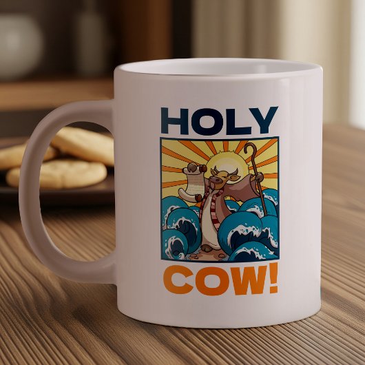 Funny Cow Holy Cow! Visual Pun Animal Cartoon ジャンボコーヒーマグカップ