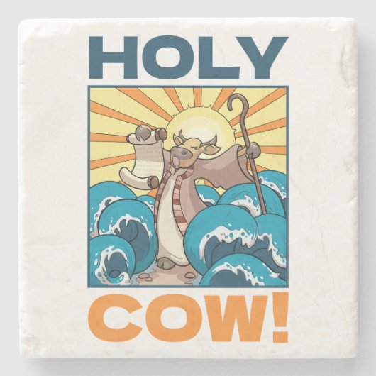 Funny Cow Holy Cow! Visual Pun Animal Cartoon ストーンコースター (正面)
