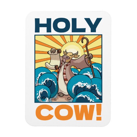 Funny Cow Holy Cow! Visual Pun Animal Cartoon マグネット (縦)