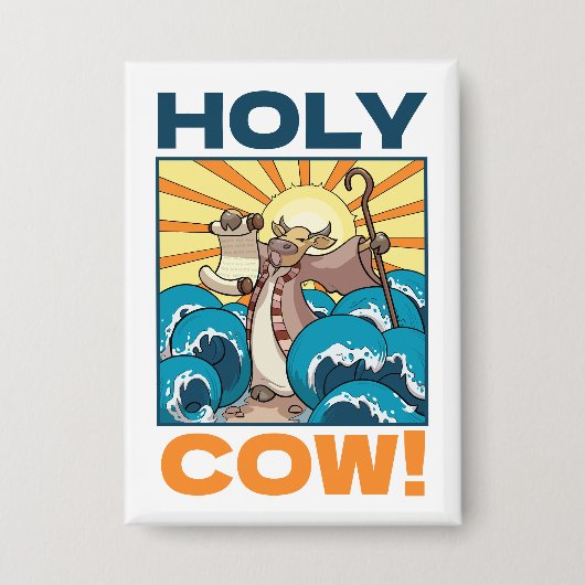 Funny Cow Holy Cow! Visual Pun Animal Cartoon 缶バッジ (正面)