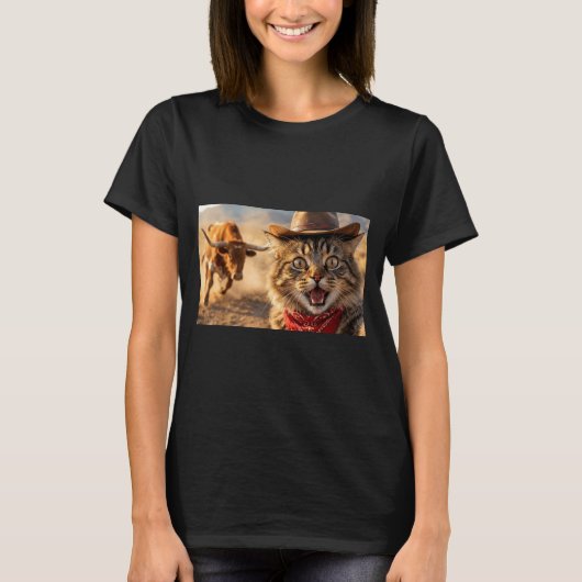 Funny Cowboy Cat Selfie With Charging Bull Western Tシャツ (正面)