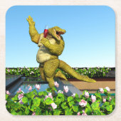 Funny Crocodile Drinking Champagne スクエアペーパーコースター (正面)