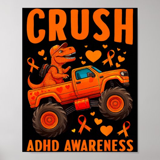Funny Crush Adhd Awareness T-rex Monster Truck Kid ポスター (正面)