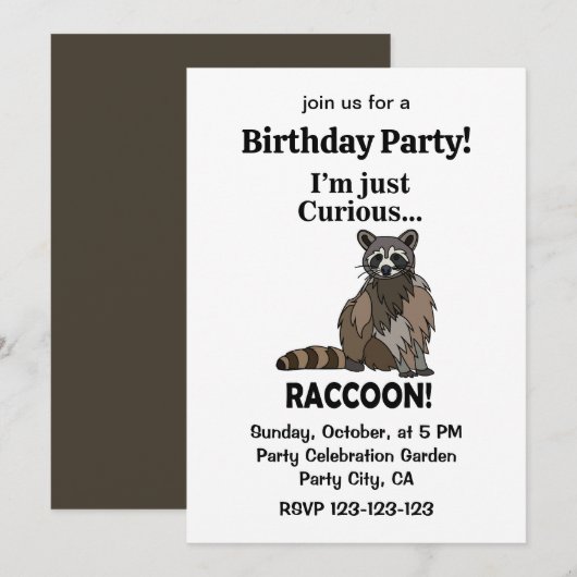 Funny Curious Raccoon Birthday Party 招待状 (正面/裏面)