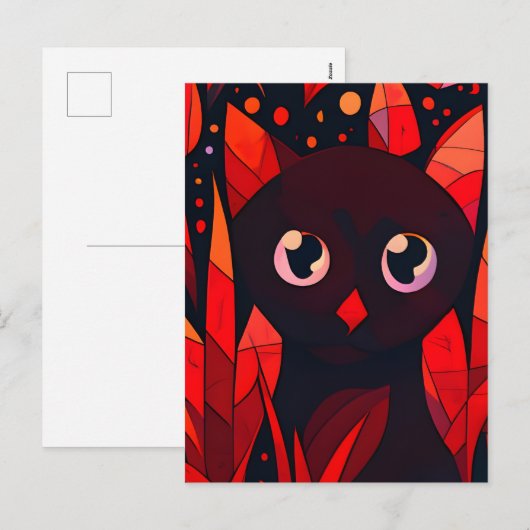 Funny Cut Cat Hiding Behind Leaves Anime Style シーズンポストカード (正面/裏面)