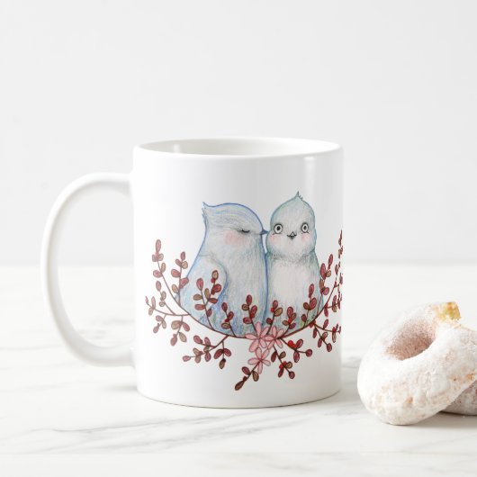 Funny Cute Bird Couple Adorable Winter Birds Art コーヒーマグカップ (ドーナツ)