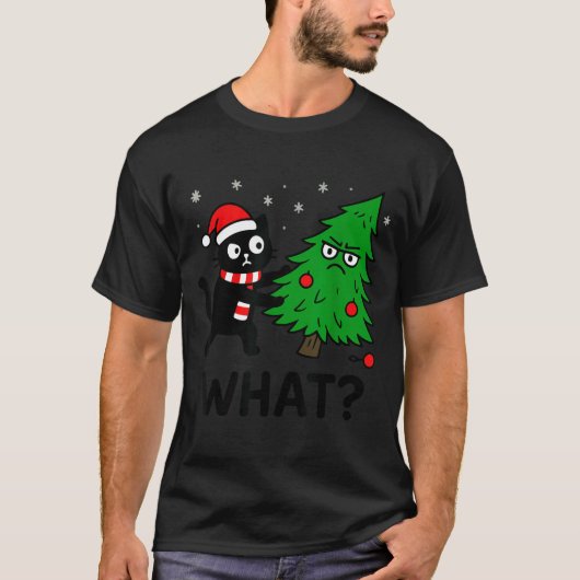 Funny Cute Black Cat What Jamas Christmas Tree Cos Tシャツ (正面)
