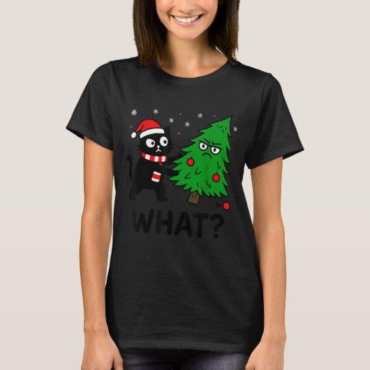 Funny Cute Black Cat What Jamas Christmas Tree Cos Tシャツ (正面)