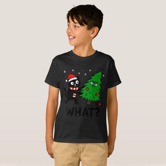 Funny Cute Black Cat What Jamas Christmas Tree Cos Tシャツ (正面フル)