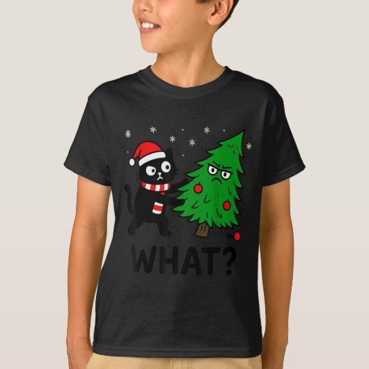 Funny Cute Black Cat What Jamas Christmas Tree Cos Tシャツ (正面)
