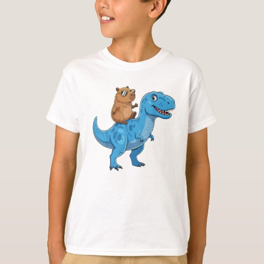Funny Cute Capybara Riding Dinosaur T Rex Dino Boy Tシャツ (正面)
