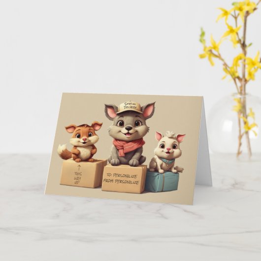 Funny Cute Cartoon Animals Delivery  Any Occasion カード (黄色い花)