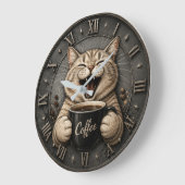 Funny Cute Cat Coffee Lover Decor ラージ壁時計 (傾斜)