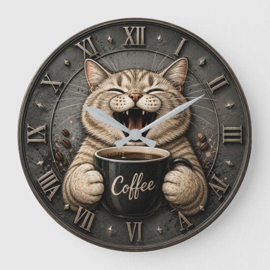 Funny Cute Cat Coffee Lover Decor ラージ壁時計 (正面)