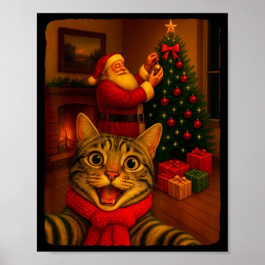 Funny Cute Cat Selfie With Santa Christmas Xmas Wo ポスター (正面)