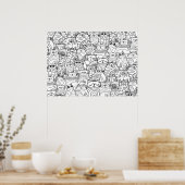 Funny Cute Cats Doodle Relaxing Party Coloring Art ポスター (キッチン)