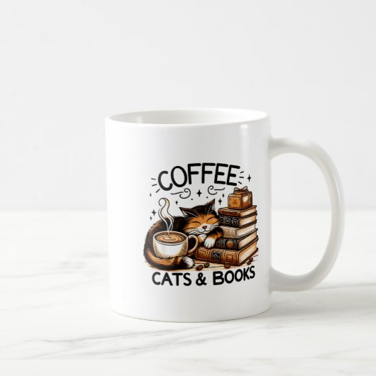 Funny Cute Coffee Cats Books Lover Women Men Kids  コーヒーマグカップ (右)