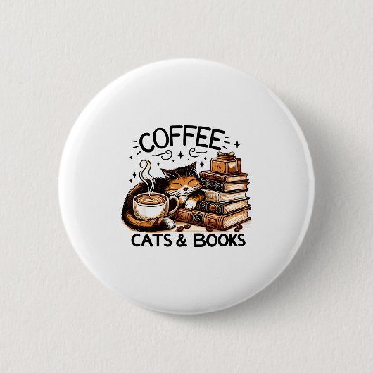 Funny Cute Coffee Cats Books Lover Women Men Kids  缶バッジ (正面)