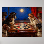Funny Cute Dogs Playing Checkers Gift Poster ポスター (正面)