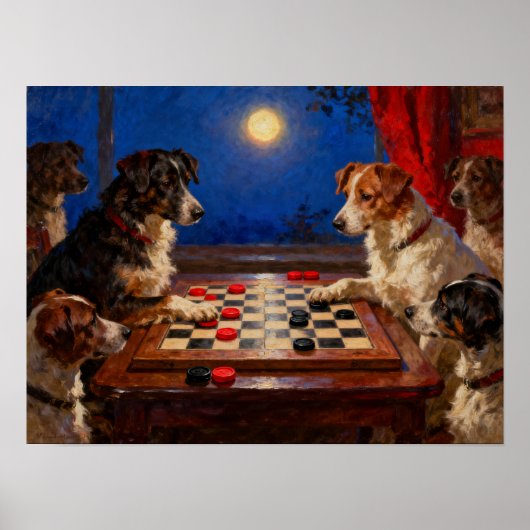 Funny Cute Dogs Playing Checkers Gift Poster ポスター (正面)