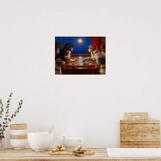 Funny Cute Dogs Playing Checkers Gift Poster ポスター (キッチン)