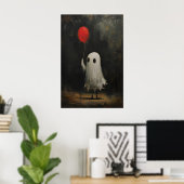 Funny Cute Ghost Holding Red Balloon, Vintage ポスター (ホームオフィス)