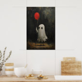 Funny Cute Ghost Holding Red Balloon, Vintage ポスター (キッチン)