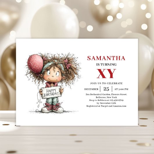 Funny Cute Little Girl Quirky Birthday Invitation 招待状