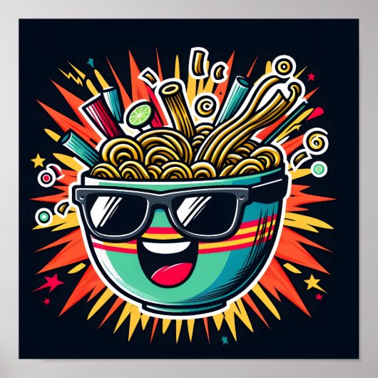 Funny Cute Noodle Cartoon Ramen Bowl ポスター (正面)