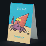Funny cute purple cartoon hermit crab テーブルテントサイン<br><div class="desc">This happy hermit crab cartoon is a bright and colorful purple and orange with a blue background. Take me to the sea!</div>