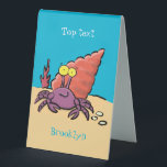 Funny cute purple cartoon hermit crab テーブルテントサイン<br><div class="desc">This happy hermit crab cartoon is a bright and colorful purple and orange with a blue background. Take me to the sea!</div>