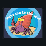 Funny cute purple cartoon hermit crab ポストカード<br><div class="desc">This happy hermit crab cartoon is a bright and colorful purple and orange with a blue background. Take me to the sea!</div>