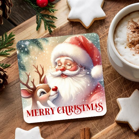 Funny Cute Santa Claus Rudolph Drink Coasters スクエアペーパーコースター