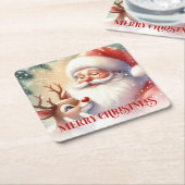Funny Cute Santa Claus Rudolph Drink Coasters スクエアペーパーコースター (アングル)
