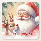 Funny Cute Santa Claus Rudolph Drink Coasters スクエアペーパーコースター (正面)