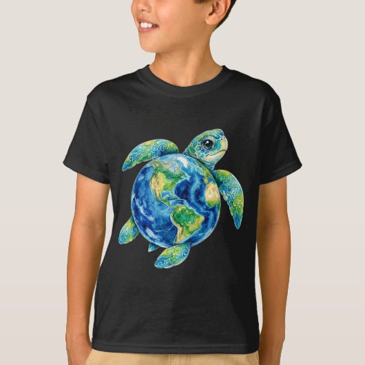 Funny Cute Sea Turtle Holding Earth Ocean Wildlife Tシャツ (正面)