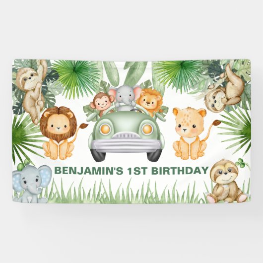 funny Cute Wild Jungle Safari Animals Birthday  横断幕 (横)