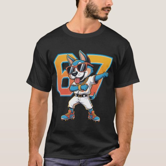 Funny Dabbing Blue Dog 67 Baseball Sports Fan Gift Tシャツ (正面)