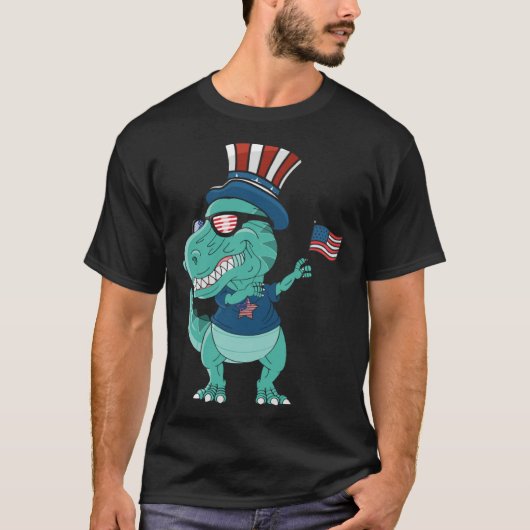 Funny Dabbing Dinosaur 4th July Amerisaurus T Rex Tシャツ (正面)