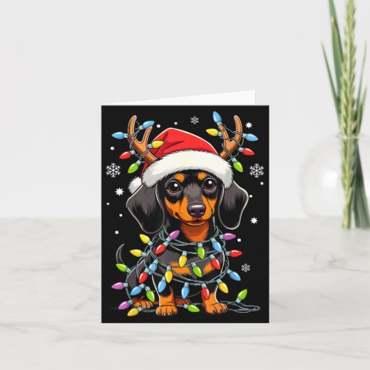 Funny Dachshund Christmas Lights Santa Hat Xmas  カード (正面)