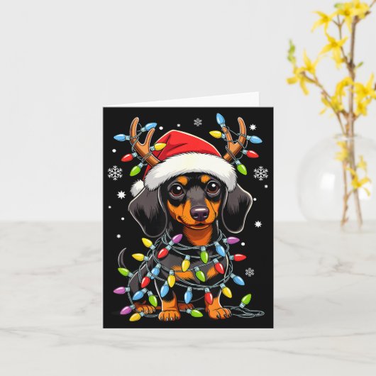 Funny Dachshund Christmas Lights Santa Hat Xmas カード (黄色い花)