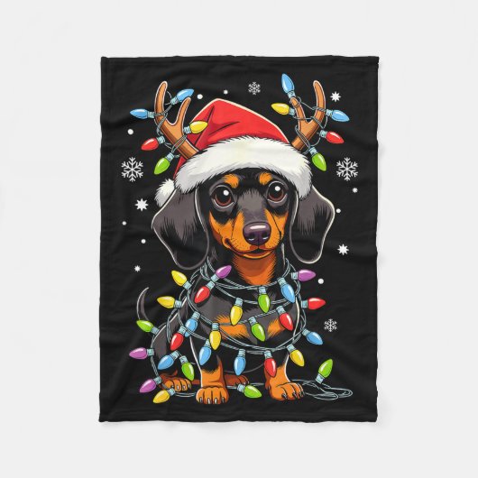 Funny Dachshund Christmas Lights Santa Hat Xmas  フリースブランケット (正面)