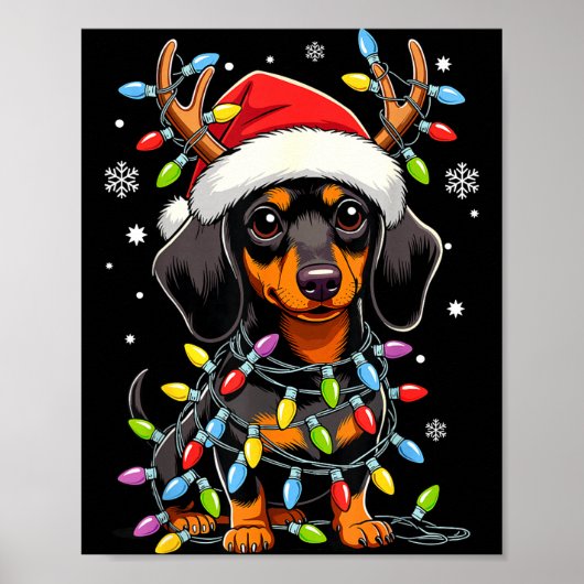 Funny Dachshund Christmas Lights Santa Hat Xmas  ポスター (正面)