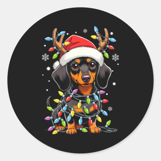 Funny Dachshund Christmas Lights Santa Hat Xmas  ラウンドシール (正面)