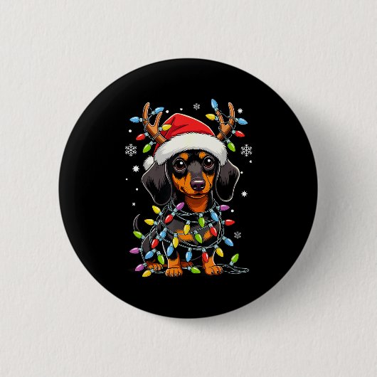 Funny Dachshund Christmas Lights Santa Hat Xmas  缶バッジ (正面)