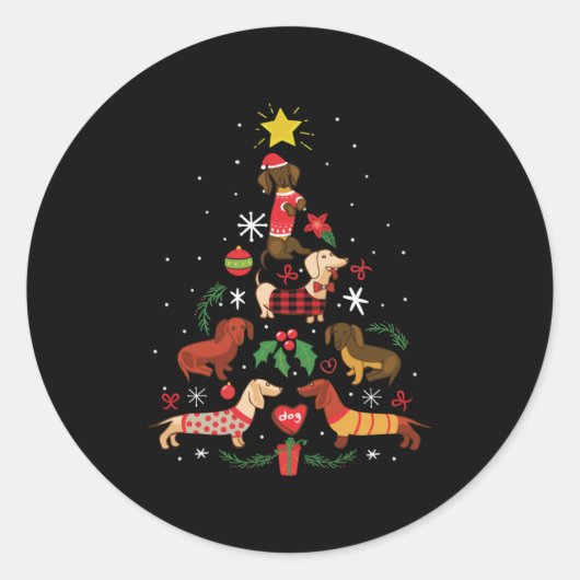Funny Dachshund Christmas Tree ラウンドシール (正面)