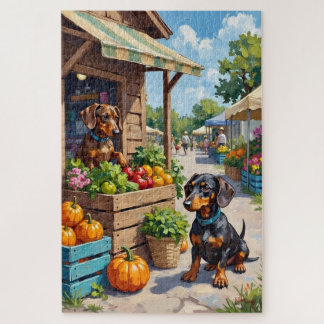 Funny Dachshund Farmers Market Dog Lover Art ジグソーパズル