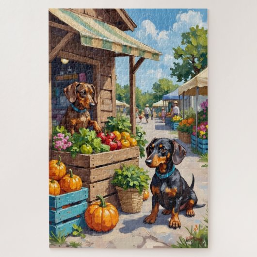 Funny Dachshund Farmers Market Dog Lover Art ジグソーパズル (縦)